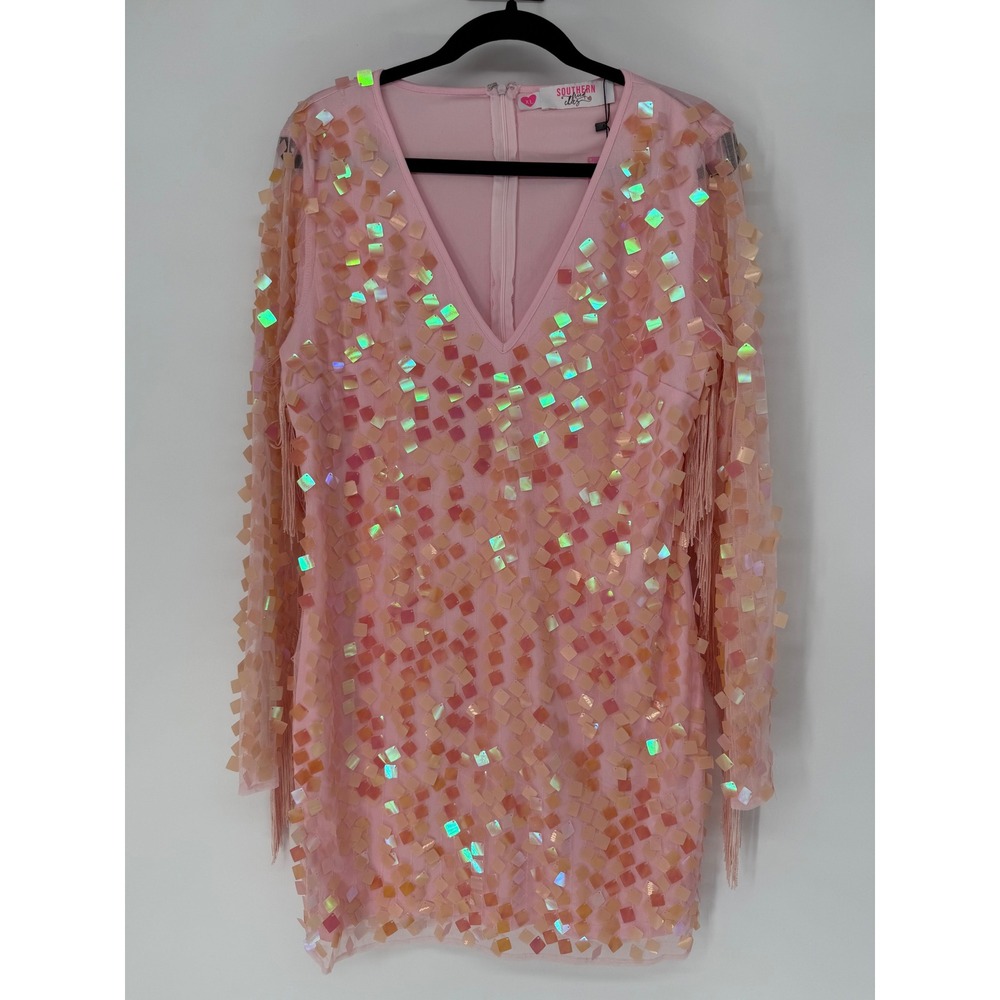 SOUTHERN FRIED CHICS PINK SEQUIN MINI DRESS LETS GO PARTY FESTIVAL DRESS XL NWT